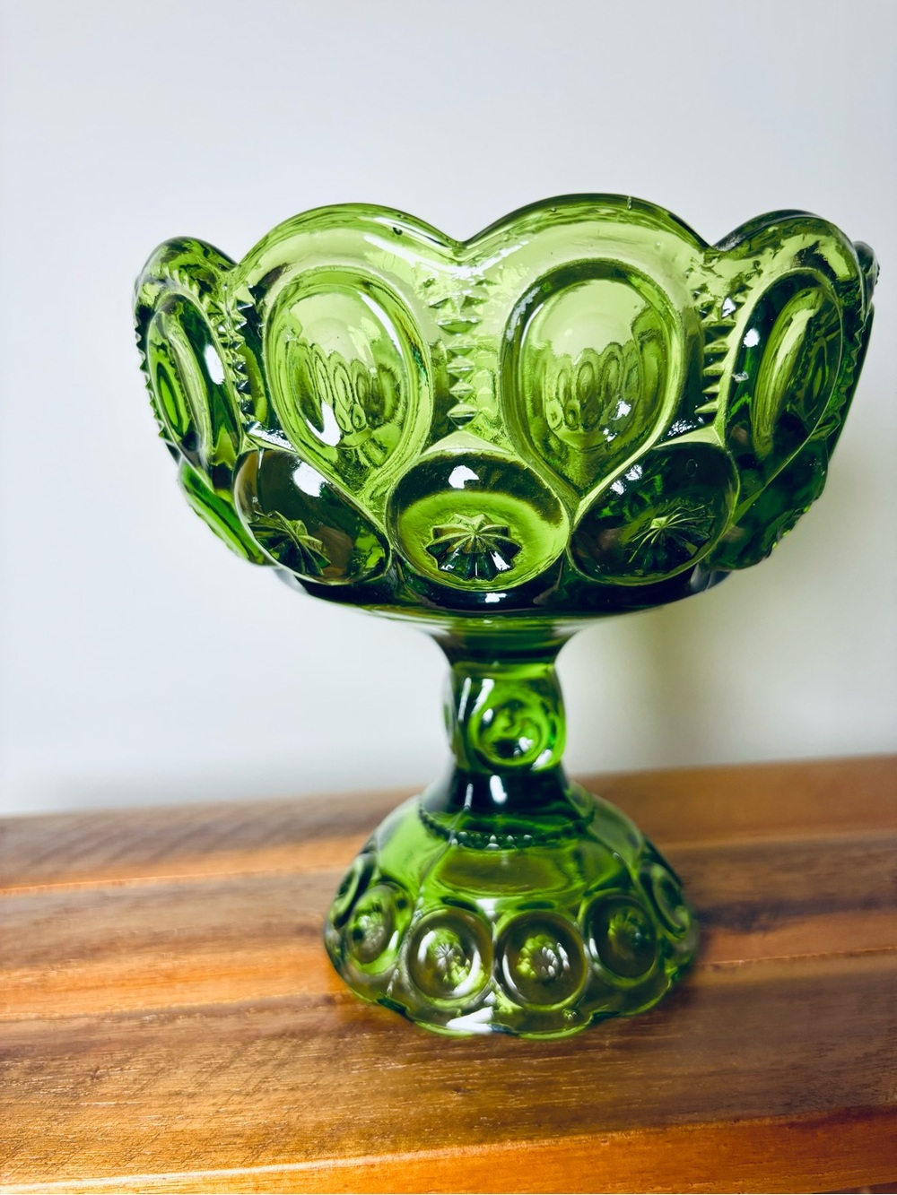 MCM "Moon and Stars" green glass open compote footed candy dish VTG LE Smith - Picture 2 of 7